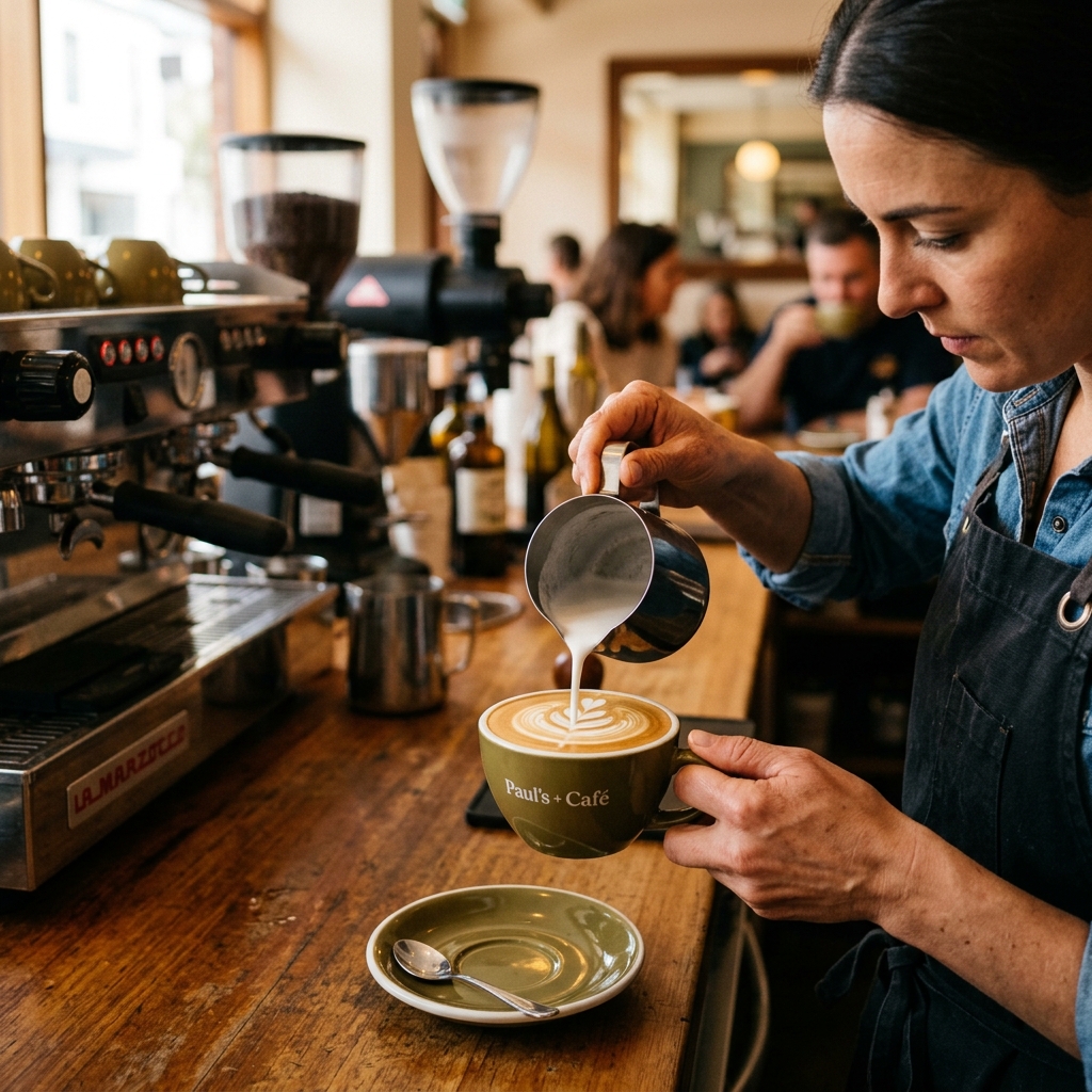 Barista pouring steamed milk to make latte art