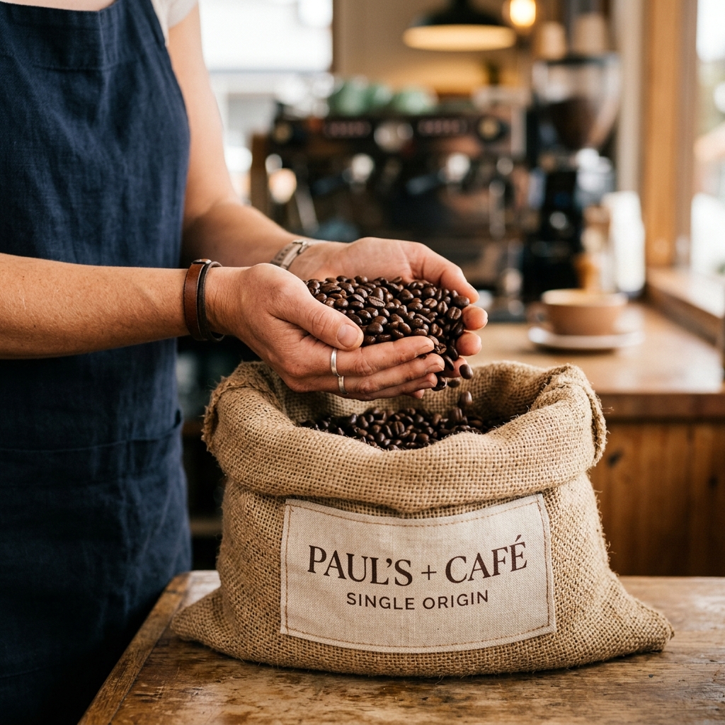 Close up of hands scoop holding coffee beans over a sack