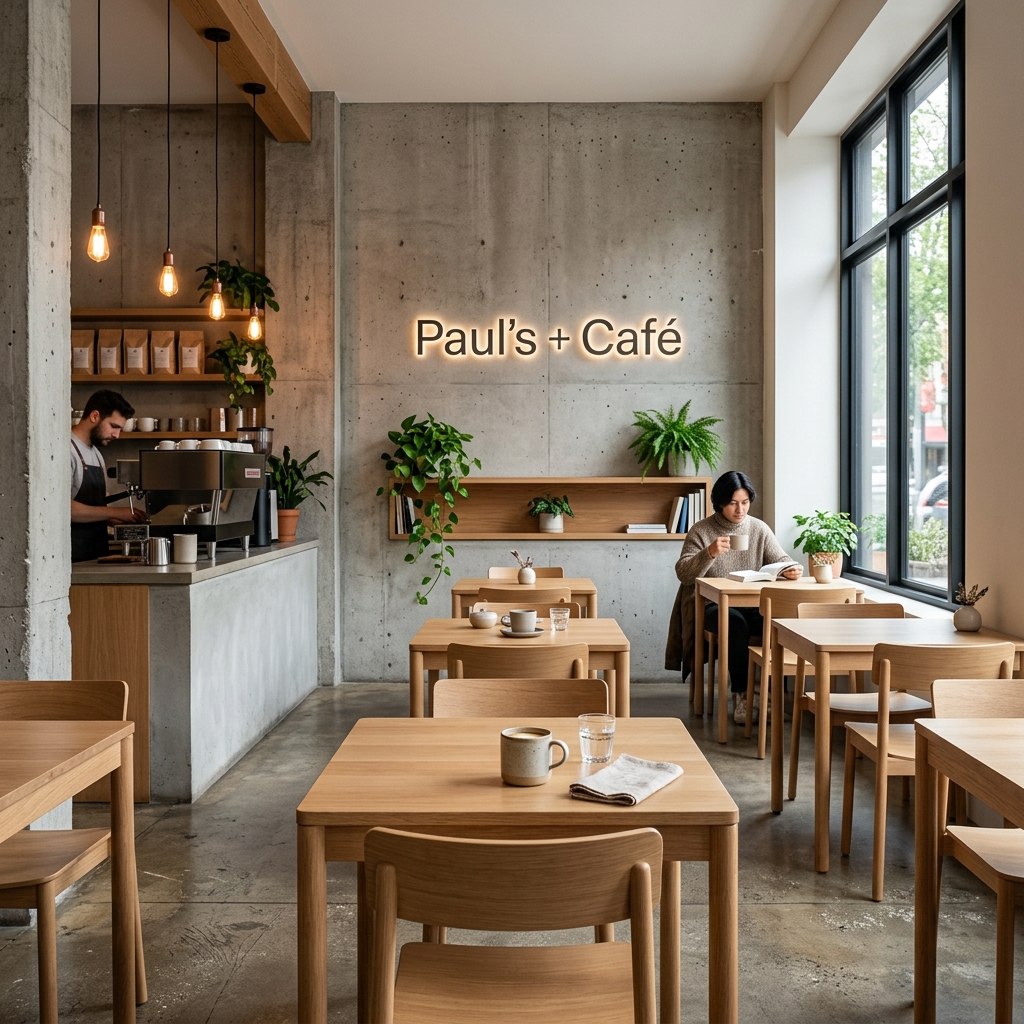 Chic minimalist oak-and-concrete café interior